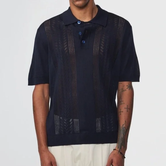 NN. 07 Thor Short Sleeve Knit Polo Shirt Mens L Navy Blue Wool Blend 6539 - Picture 1 of 10